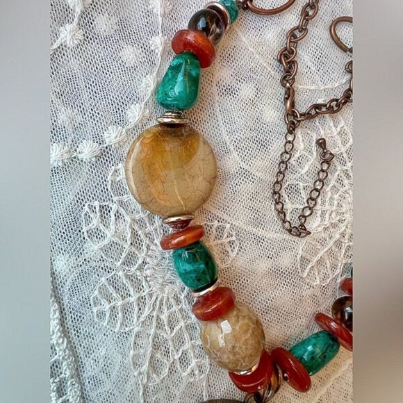 Asymmetrical Turquoise & Coral Beaded Fashion Statement Necklace - Picture 4 of 10